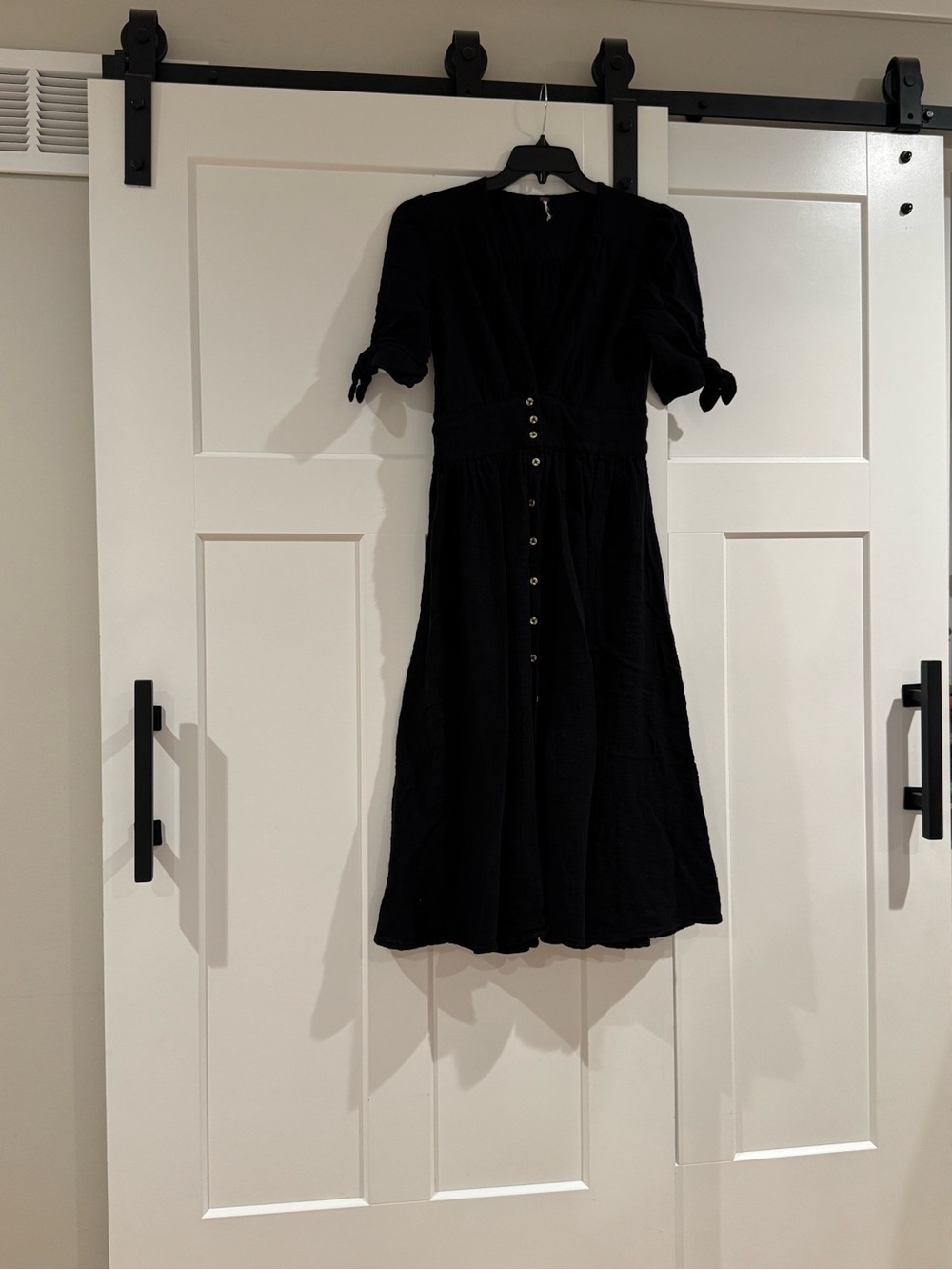 Free People Black Button-Front Midi Dress with Puff Sleeves